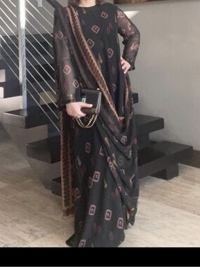 Elegant Black sari Maxi Dress with Brown Accent Print